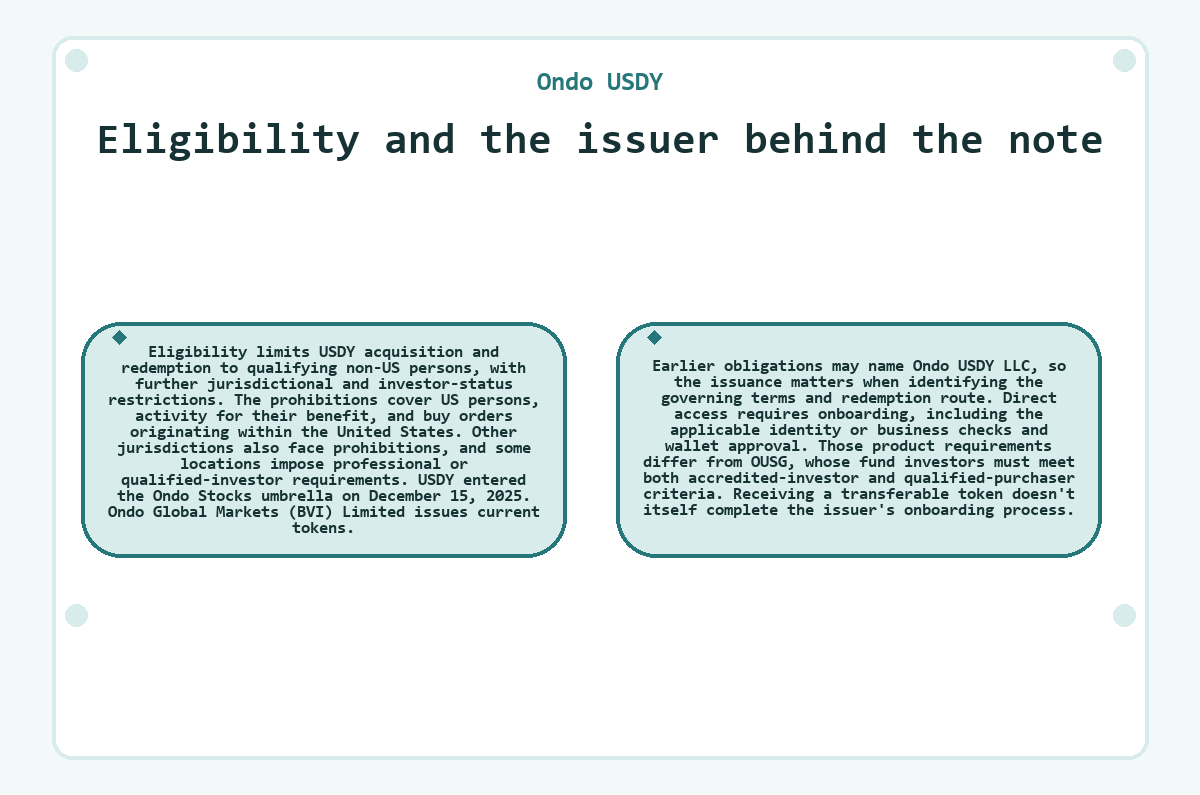 Visual outline: Ondo USDY - Eligibility and the issuer behind the note